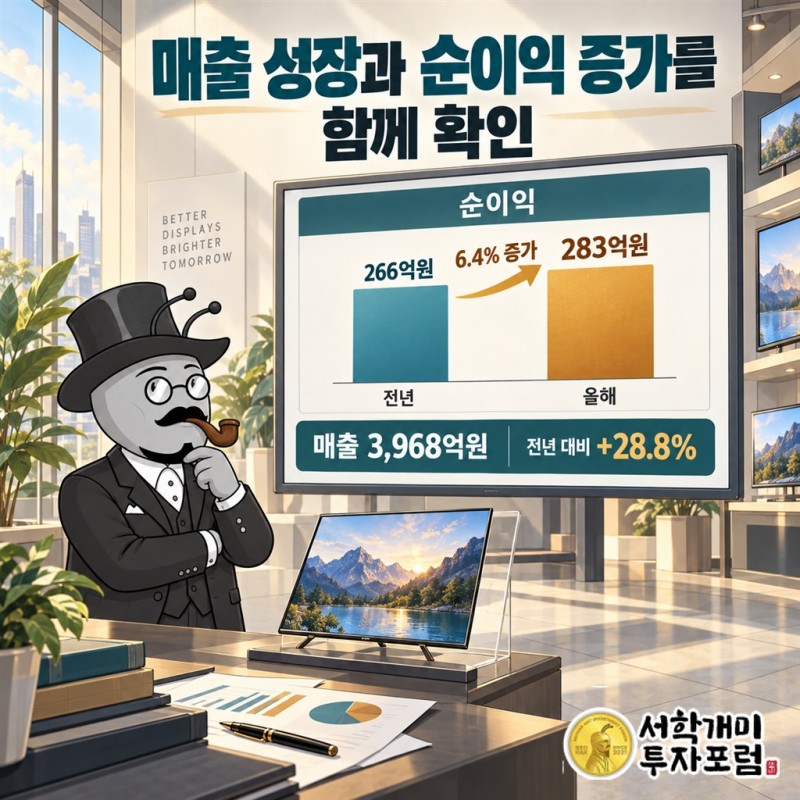 코텍의 이전 실적과 이후 실적에서 매출과 영업이익, 순이익의 증가 방향을 비교하는 장면