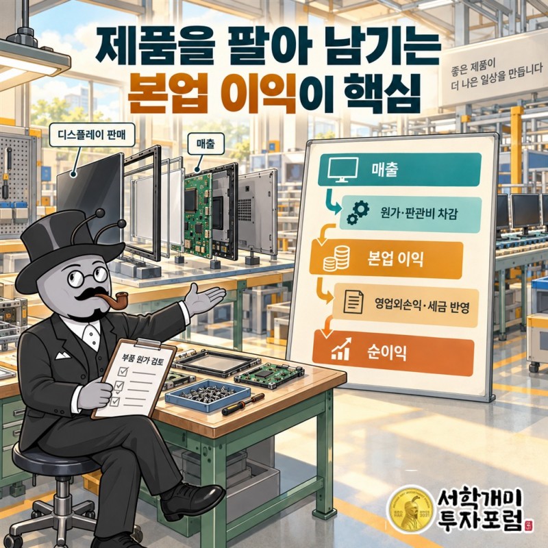 제품을 판 규모와 본업에서 남긴 이익을 함께 읽도록 매출과 비용의 관계를 설명하는 장면
