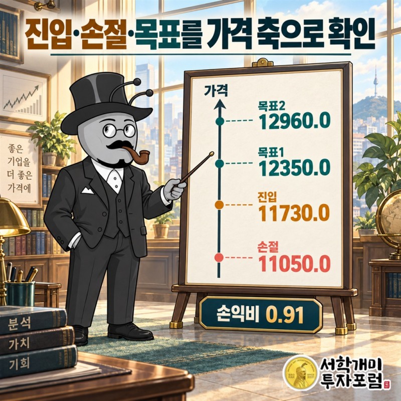 코텍의 진입 기준과 손절 기준, 목표 단계의 순서를 구분해 표시한 가격 축