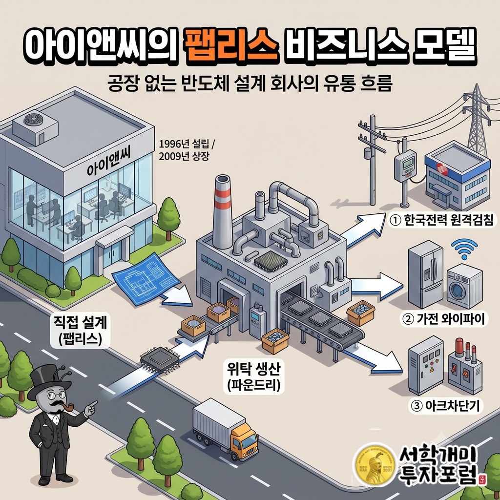 아이앤씨가 설계한 통신 칩이 외부 공장에서 만들어져 한국전력 원격검침, 가전 와이파이, 아크차단기 고객에게 팔리는 흐름