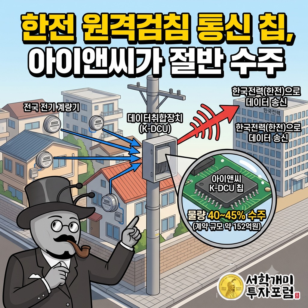 전국 전기 계량기의 사용량이 데이터취합장치를 거쳐 한국전력으로 올라가는 원격검침 경로와 아이앤씨 칩의 위치