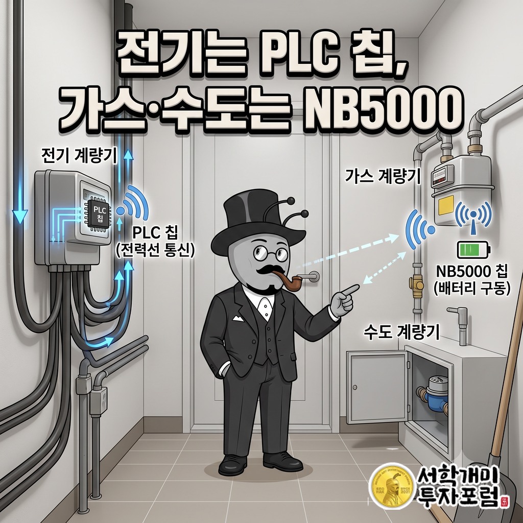 전깃줄이 닿는 전기 계량기는 PLC 칩으로, 배터리로 움직이는 가스·수도 계량기는 NB5000 칩으로 잇는 집 안 검침 모습