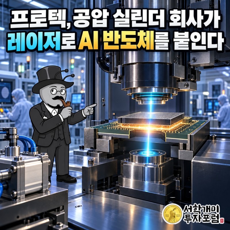 프로텍, 공압 실린더 회사가 레이저로 AI 반도체를 붙인다는 제목과 반도체 기판 아래에서 레이저가 칩을 붙이는 장면