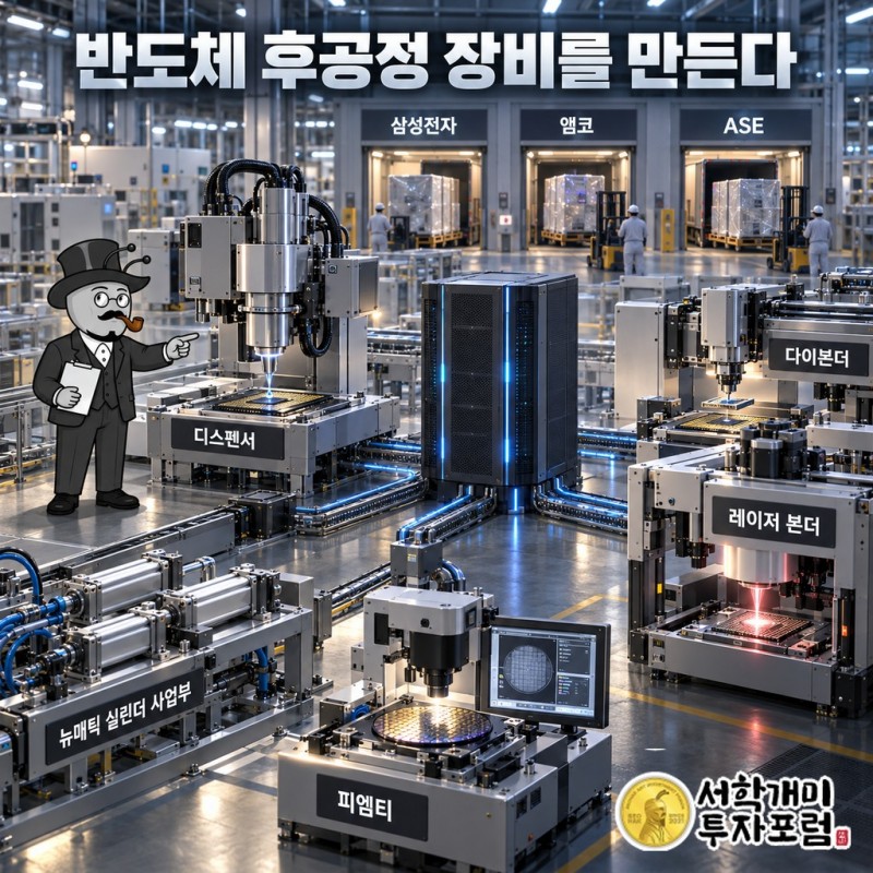 프로텍 사업 구조: 삼성전자·앰코·ASE 같은 반도체 포장 회사가 디스펜서·다이본더·레이저 본더를 사고, 뉴매틱 실린더 사업부와 자회사 피엠티가 매출을 보탠다