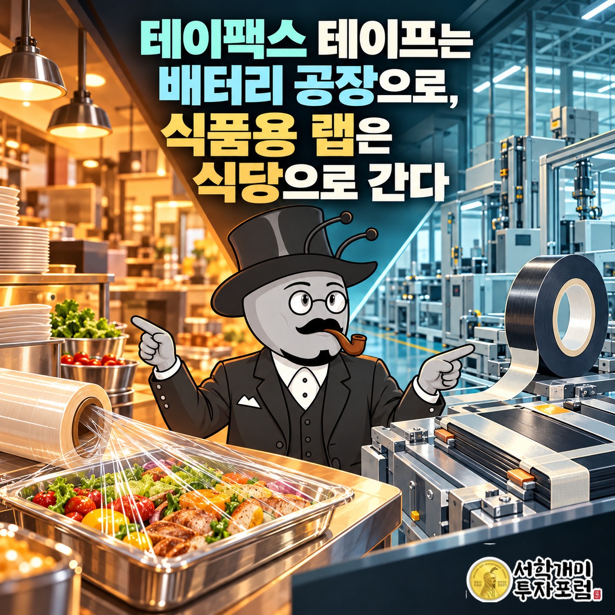 테이팩스의 식품용 랩을 쓰는 식당과 배터리용 특수 테이프를 쓰는 공장의 연결