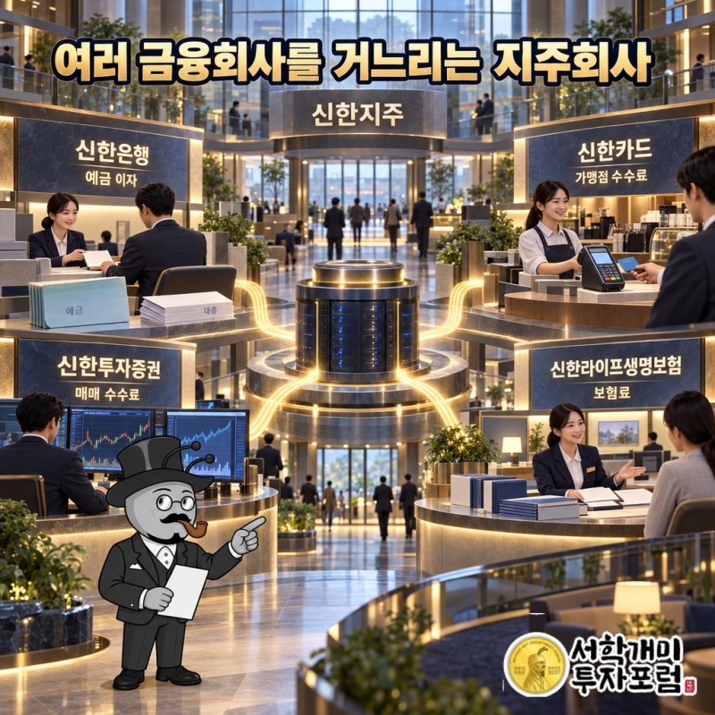 신한지주가 은행·카드·증권·보험 계열사로 예금 이자, 가맹점 수수료, 매매 수수료, 보험료를 버는 구조