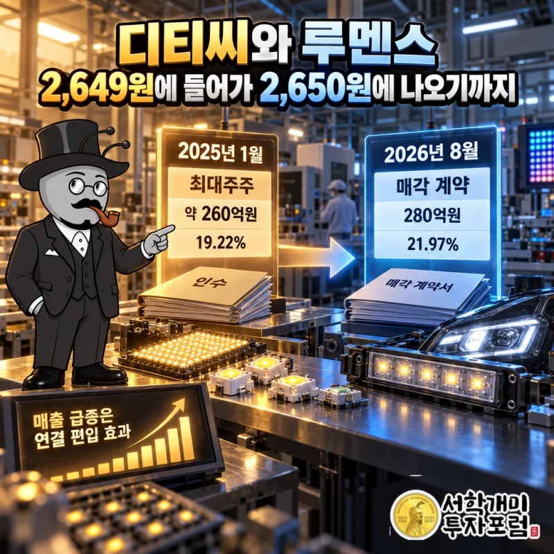 2025년 1월 루멘스 최대주주가 된 디티씨가 2026년 8월 지분 21.97%를 280억원에 매각 계약한 흐름