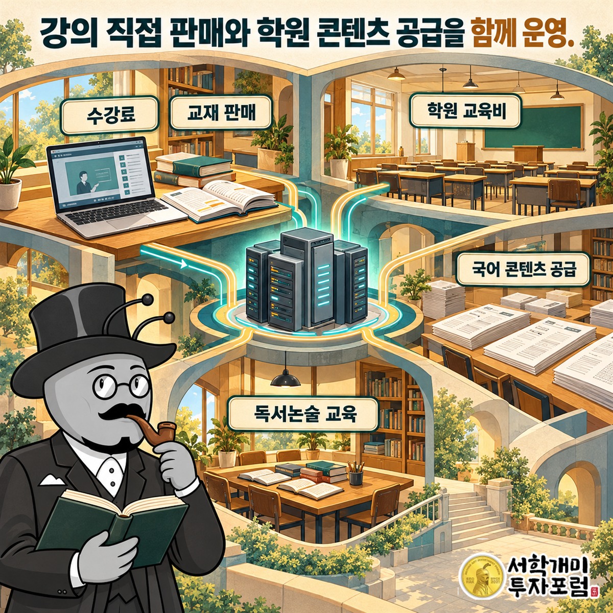 온라인 수강료와 교재 판매, 학원 교육비, 국어 콘텐츠 공급, 독서논술 교육으로 이어지는 사업 구조