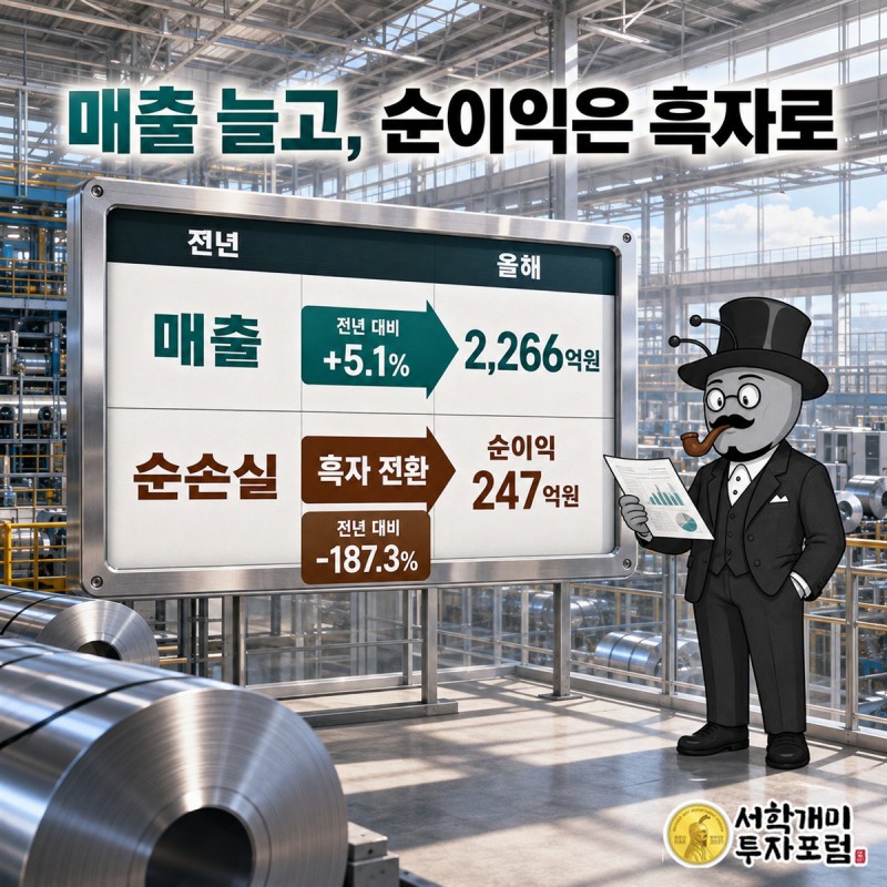 DSR제강의 전년과 이후 실적을 매출, 영업이익, 순이익으로 나눠 각 항목의 변화를 비교하는 화면