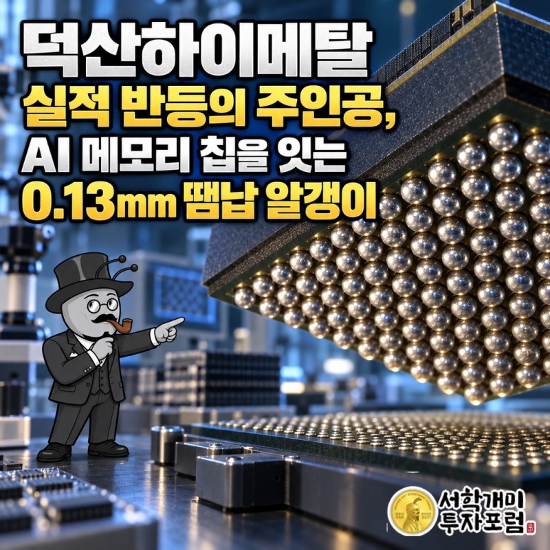 반도체 칩 밑면에 박힌 작은 땜납 알갱이를 크게 확대해 보여 주는 덕산하이메탈 커버 장면