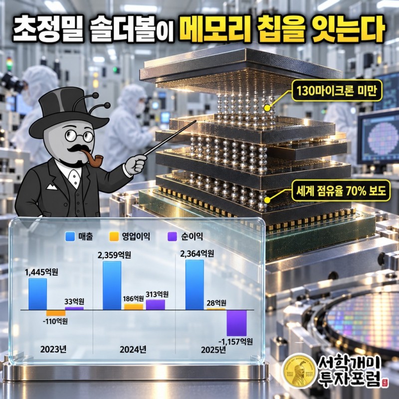 130마이크론 미만 마이크로솔더볼이 층층이 쌓인 HBM 메모리 칩을 잇는 모습과 세계 점유율 70% 보도