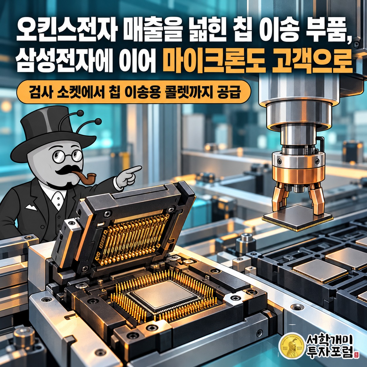 오킨스전자의 반도체 검사 소켓과 칩 이송용 콜렛을 함께 보여 주는 장면