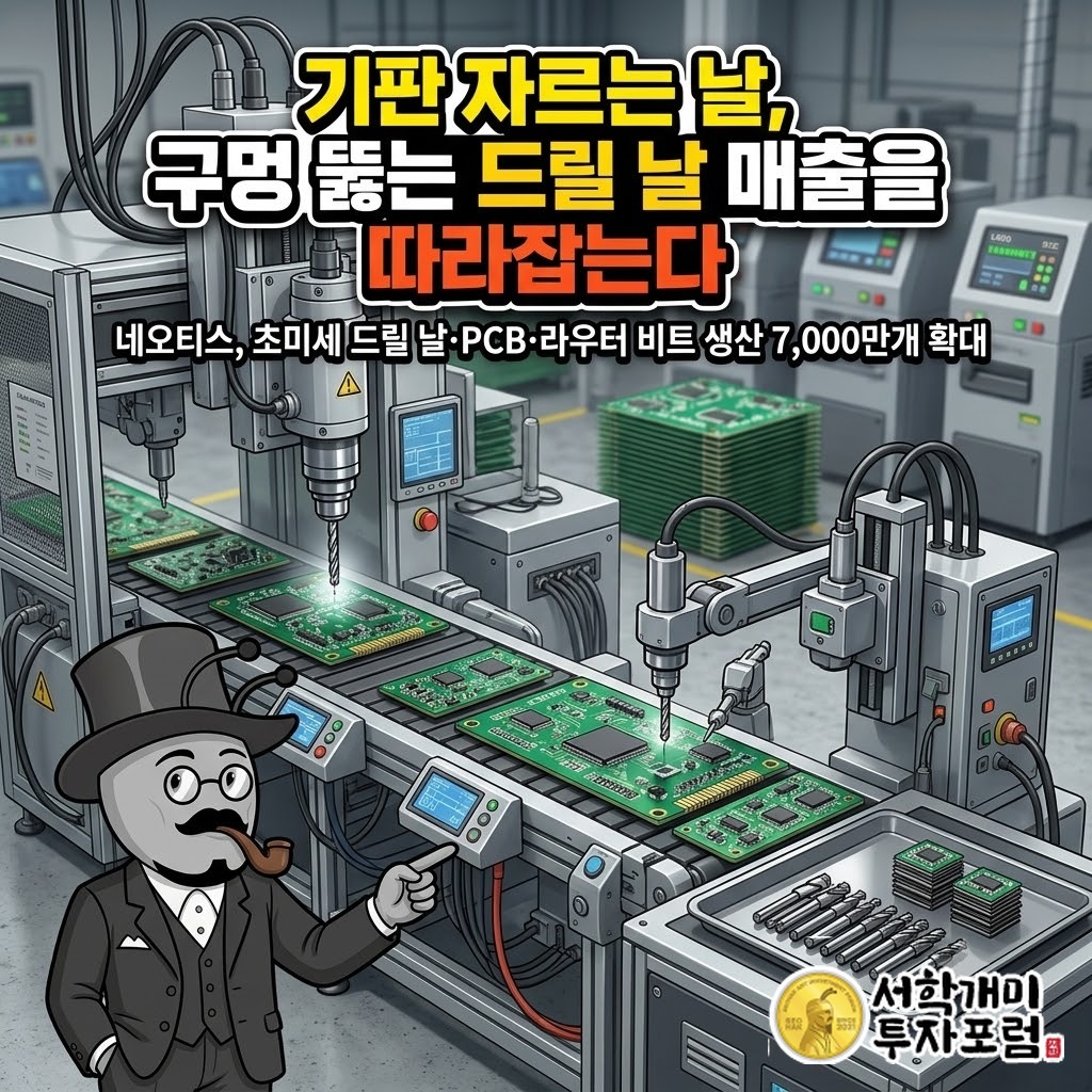 네오티스가 만드는 초미세 드릴 날과 인쇄회로기판, 기판 드릴 날 생산을 7,000만개로 늘린다는 제목