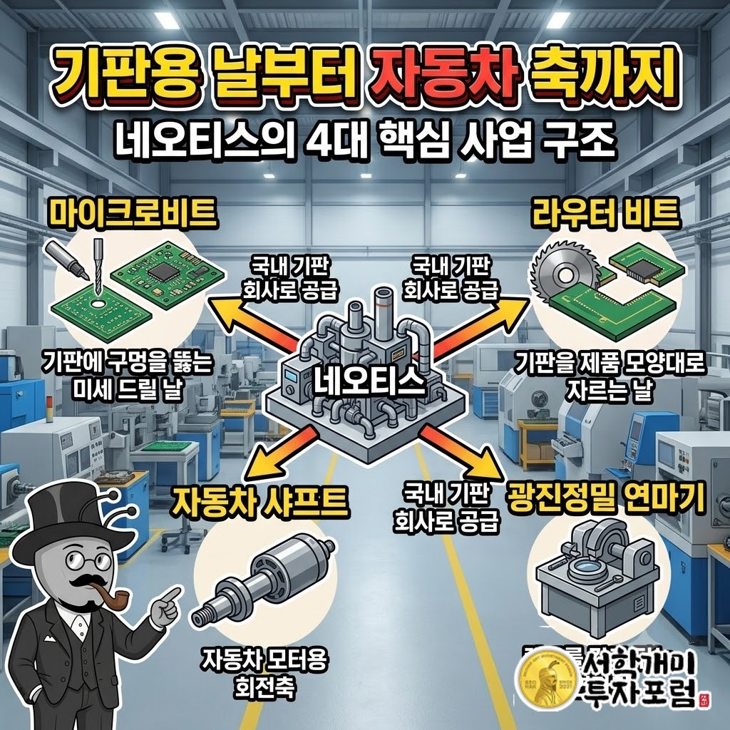 국내 기판 회사들이 네오티스에서 드릴 날과 라우터 비트를 사 가는 구조와 자동차 샤프트, 광진정밀 연마기까지 4개 사업