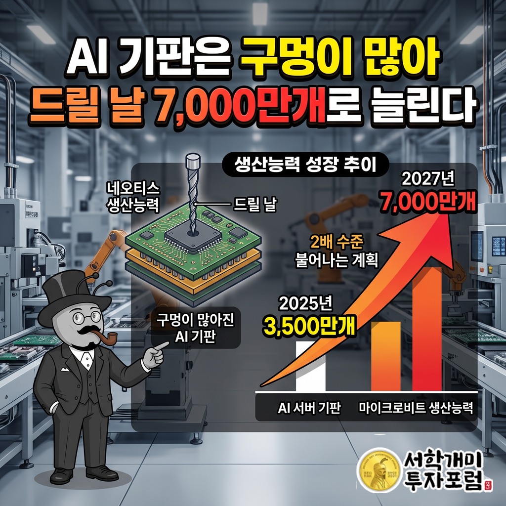 AI 서버 기판의 층이 늘수록 구멍이 많아지고 마이크로비트 생산능력이 3,500만개에서 7,000만개로 늘어나는 흐름
