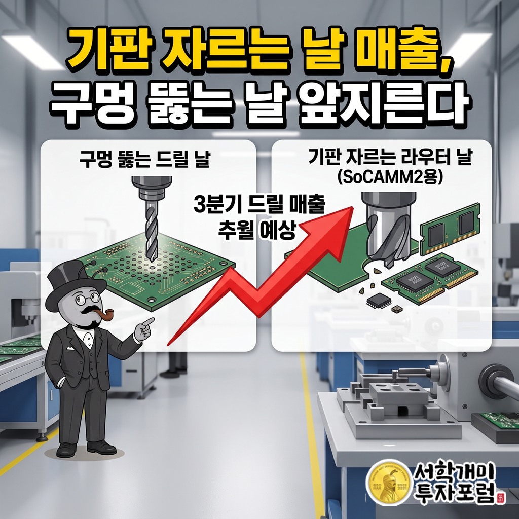 구멍을 뚫는 드릴과 기판을 잘라 내는 라우터 비트의 차이, SoCAMM2 메모리 모듈용 라우터 매출이 드릴을 따라잡는 장면