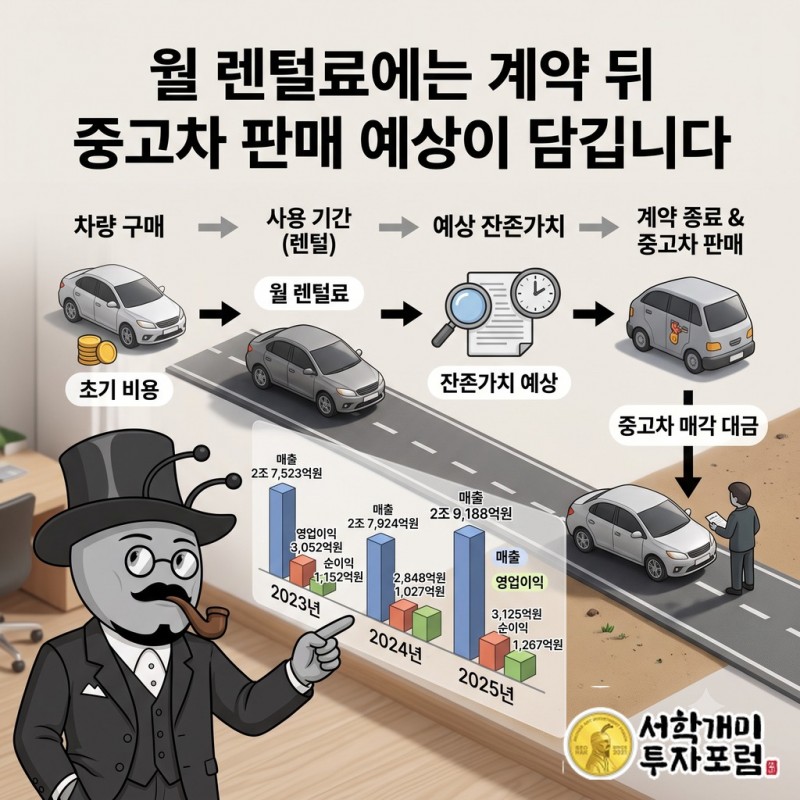 차량 구매부터 대여와 중고차 판매까지 이어지는 흐름과 월 렌털료에 담긴 판매 예상