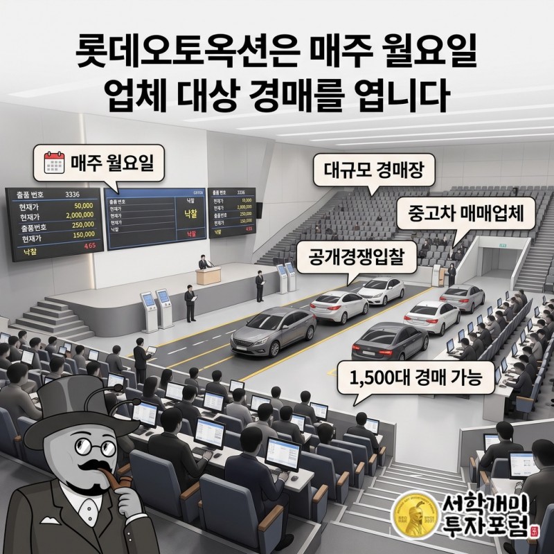 매주 월요일 롯데오토옥션에서 중고차 매매업체들이 차량 경매에 참여하는 모습
