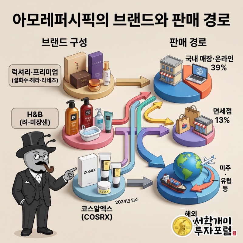 아모레퍼시픽의 두 갈래 브랜드와 세 갈래 판매 경로(국내 39%·면세 13%·해외 48%)
