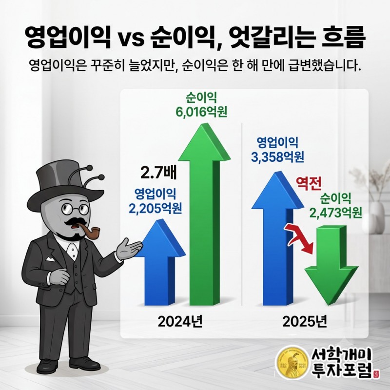 2024년 순이익이 영업이익의 2.7배로 튀었다가 2025년 본래 수준으로 돌아온 흐름