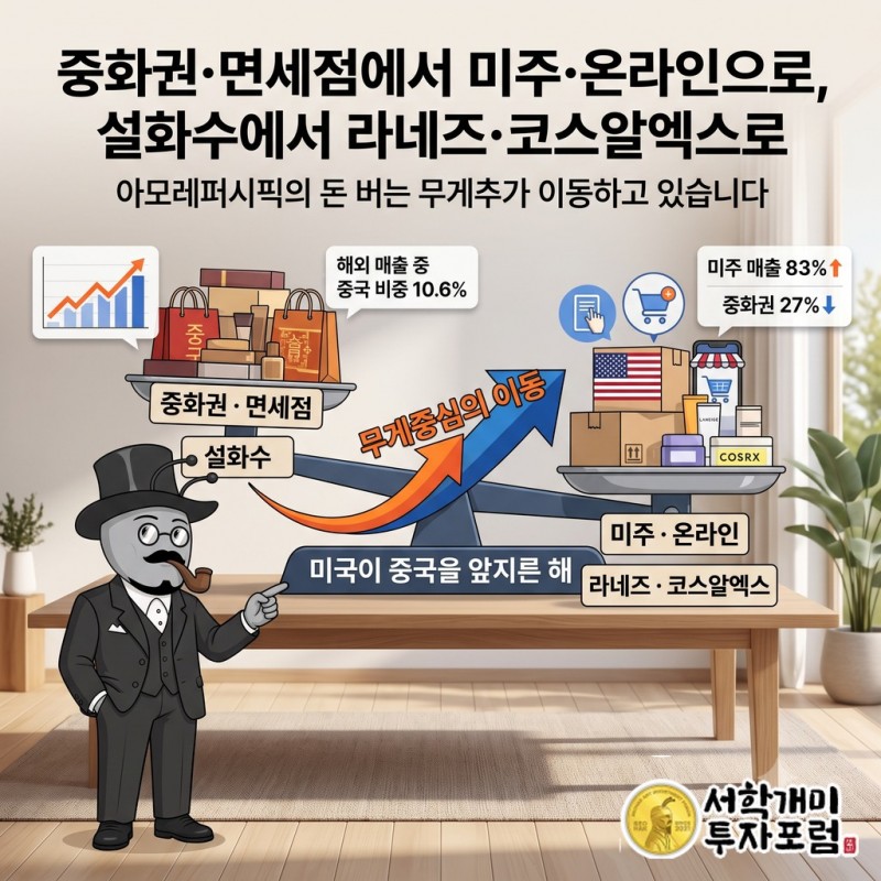 아모레퍼시픽의 돈 버는 무게추가 중화권·면세점에서 미주·온라인으로, 설화수에서 라네즈·코스알엑스로 옮겨 가는 모습