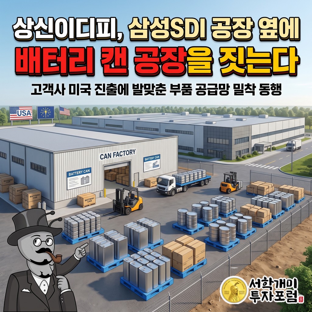 배터리 캔과 미국 인디애나 공장을 배경으로 한 상신이디피 표지, 삼성SDI 공장 옆에 배터리 캔 공장을 짓는다는 제목