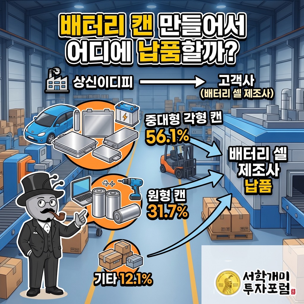 상신이디피가 각형 캔과 원형 캔을 만들어 삼성SDI 등 배터리 셀 제조사에 직접 납품하는 구조, 중대형 캔 56.1% 원형 캔 31.7% 기타 12.1%