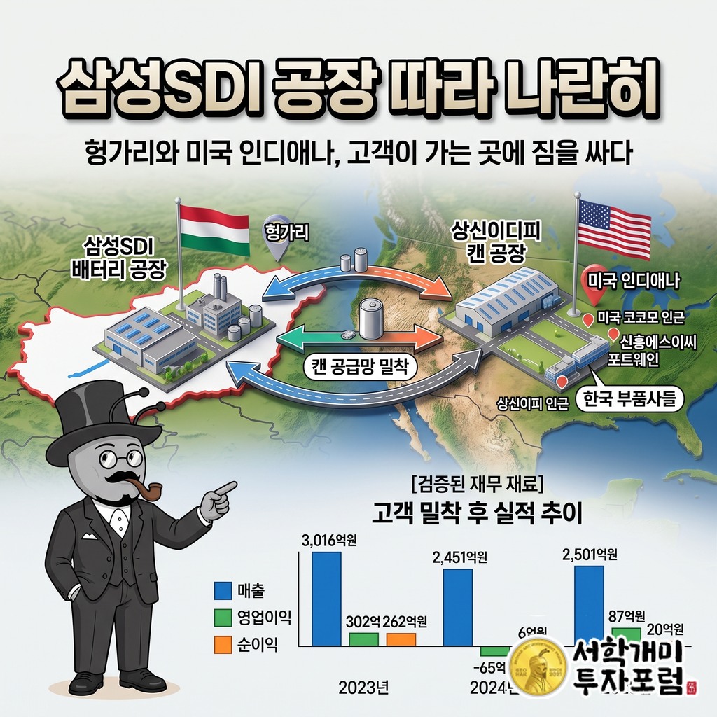 삼성SDI의 헝가리·미국 인디애나 공장 옆에 상신이디피 생산 거점이 나란히 놓인 지도