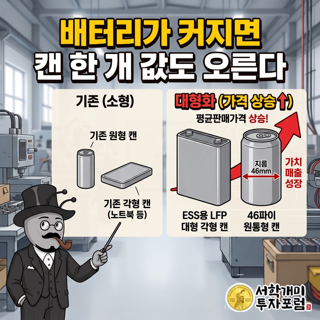 배터리 셀이 커지면서 캔도 커지고 한 개당 값이 오르는 구조를 각형 캔과 46파이 원통형 캔으로 비교한 도판