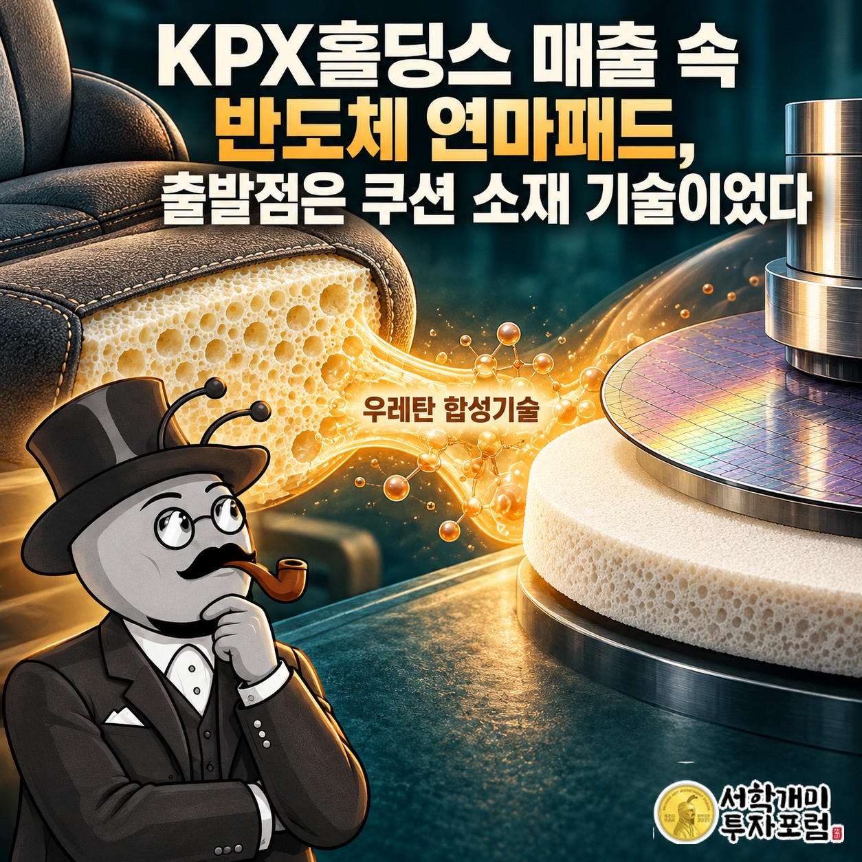 KPX홀딩스 계열의 쿠션 원료와 반도체 연마패드를 우레탄 합성기술로 연결한 장면