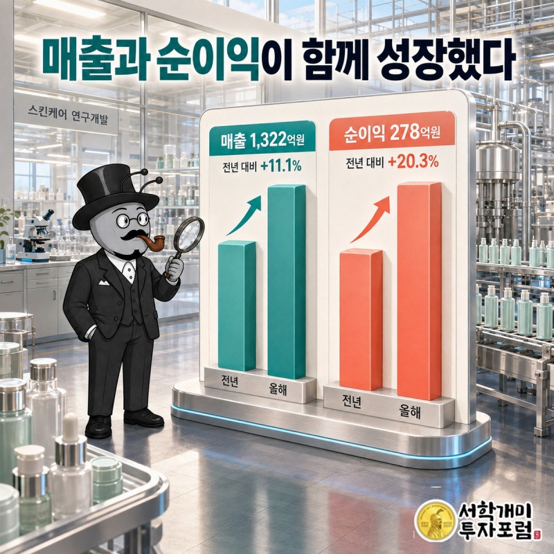 네오팜의 전년과 최근 연도 매출 영업이익 순이익이 모두 늘어난 흐름을 비교한 장면