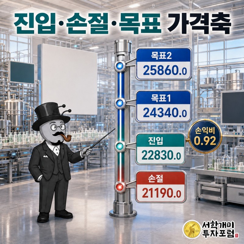 네오팜 진입 22,830원 손절 21,190원 목표1 24,340원 목표2 25,860원을 표시한 가격 축