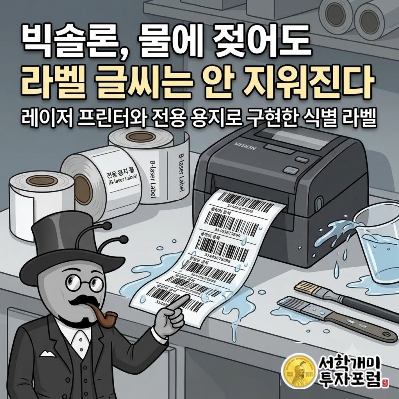 빅솔론의 레이저 프린터와 전용 용지, 물과 마찰에 견디도록 만든 식별 라벨을 보여 주는 커버