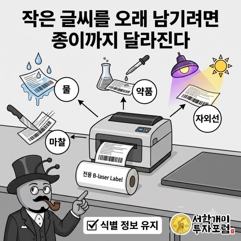 전용 용지를 사용하는 레이저 프린터와 물·약품·자외선·마찰에 견디도록 설계한 라벨