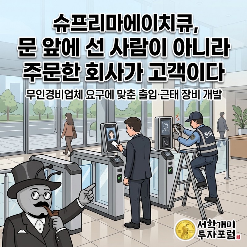 슈프리마에이치큐가 개발한 출입 장비를 무인경비업체가 공급받고, 사용자가 얼굴이나 카드로 문을 통과하는 사업 관계