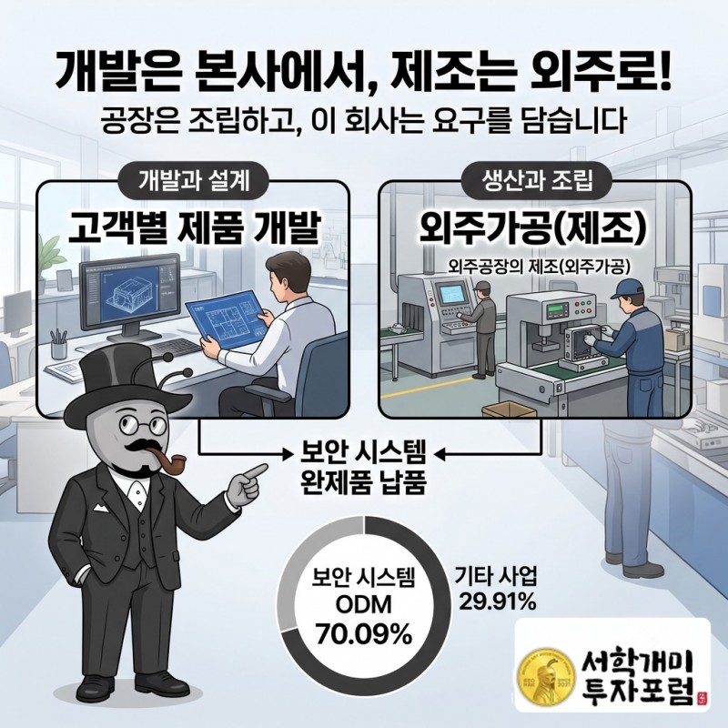 슈프리마에이치큐의 고객별 개발과 외주공장의 제조를 나눠 보여 주고, 보안 시스템 ODM과 기타 용역을 구분한 사업 구조