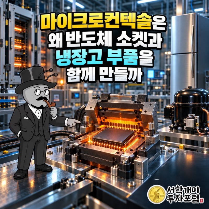 메모리 칩이 뜨거운 검사 소켓에 꽂혀 불량을 걸러내는 장면과 마이크로컨텍솔 제목
