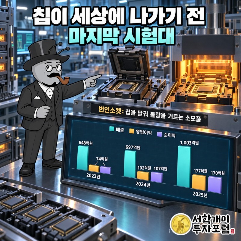 번인 검사에서 칩이 소켓에 끼워져 고온 시험을 받는 과정