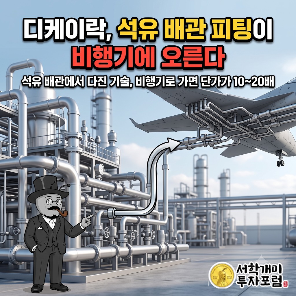 정유 공장 배관의 금속 피팅이 비행기 날개 아래 유압 배관으로 이어지는 장면과 「디케이락, 석유 배관 피팅이 비행기에 오른다」 제목