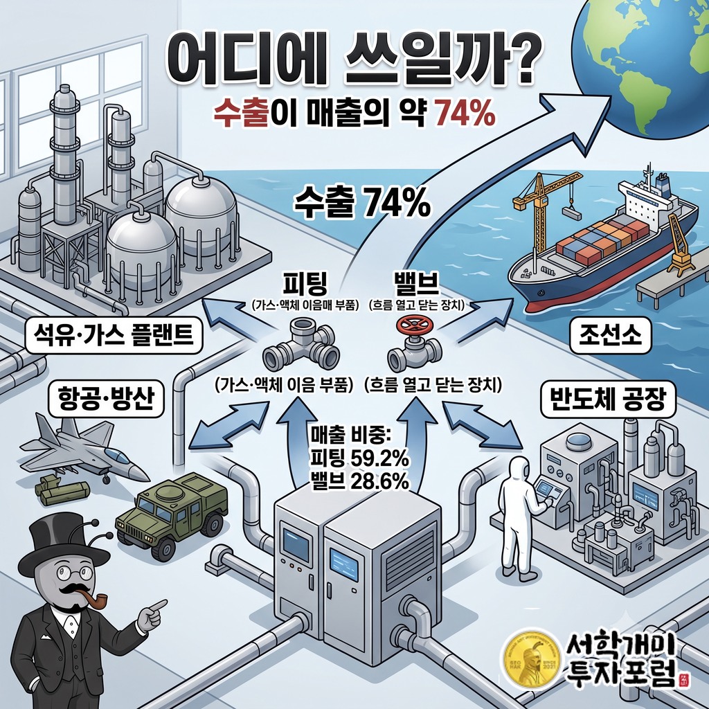석유·가스 플랜트, 조선소, 반도체 공장, 항공·방산 업체가 디케이락 피팅·밸브를 사 가고 수출이 매출의 약 74%를 차지하는 구조도