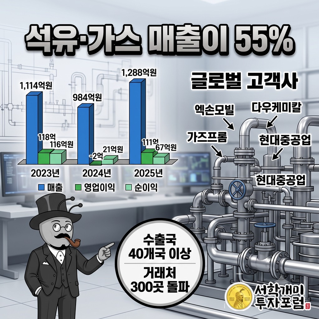 석유가스 부문이 매출의 약 55%를 내고 엑손모빌·다우케미칼·가즈프롬이 고객으로 이어진 모습