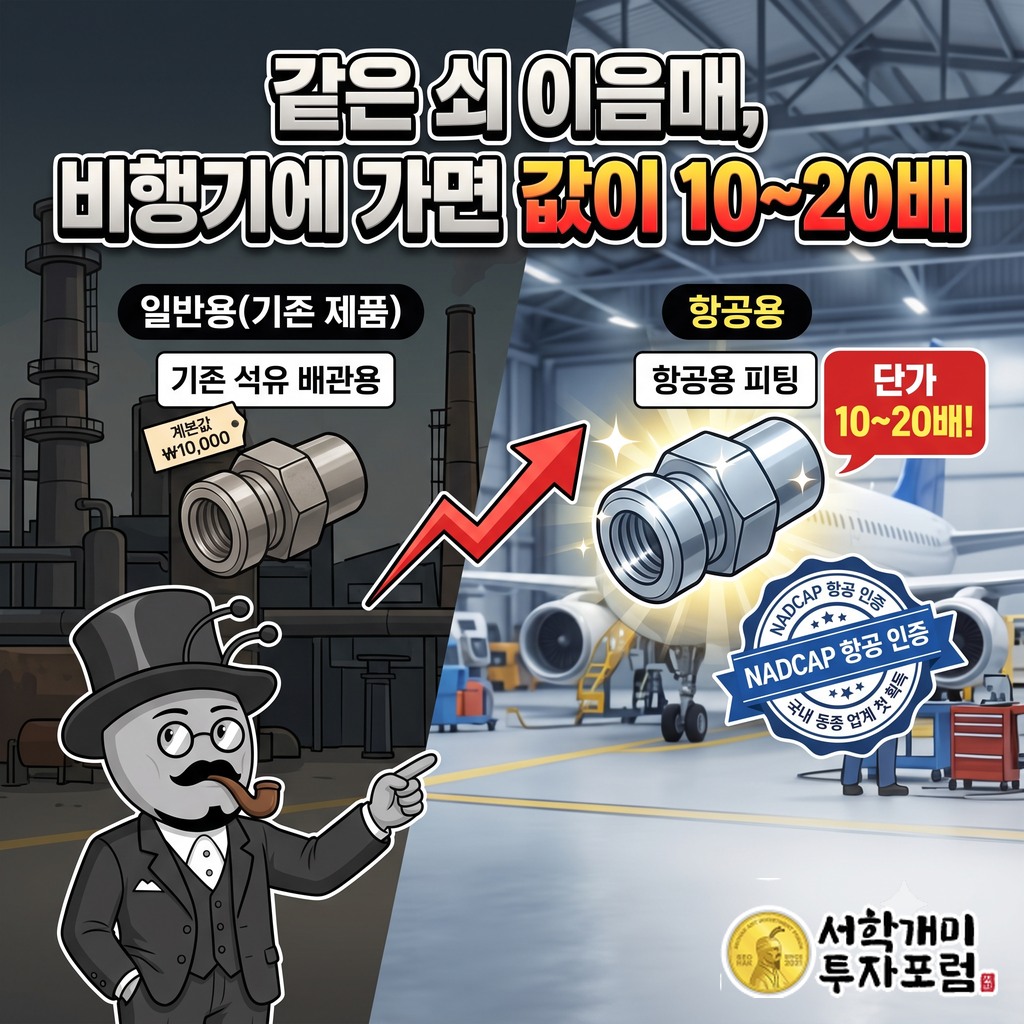 같은 모양의 피팅이 항공용이 되면 단가가 10~20배가 되는 비교와 NADCAP 항공 인증 표시