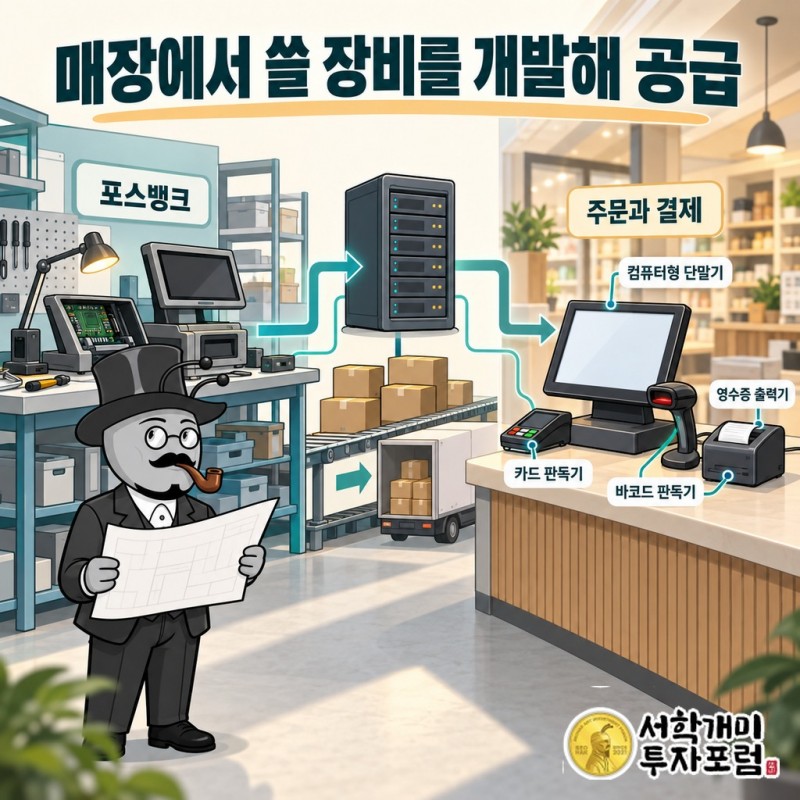 포스뱅크가 주문·결제 장비를 개발하고 제조해 자체 판매망과 고객사를 통해 공급하는 흐름