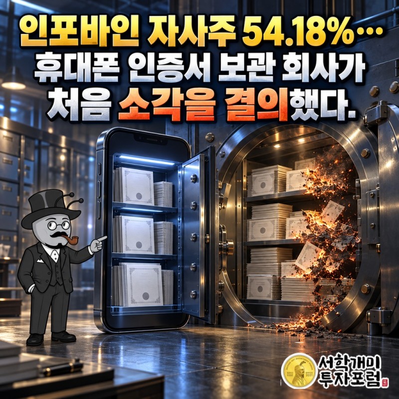 휴대폰 속 인증서 사물함과 회사 금고를 함께 보여 주는 인포바인 표지, 자사주 50%대 쥐고 첫 소각