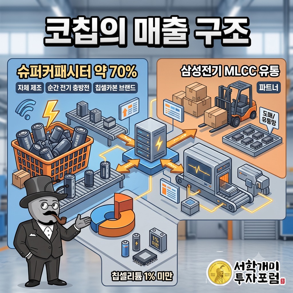 코칩 매출 구조: 슈퍼커패시터 약 70%, 칩셀리튬 1% 미만, 나머지는 삼성전기 MLCC 유통