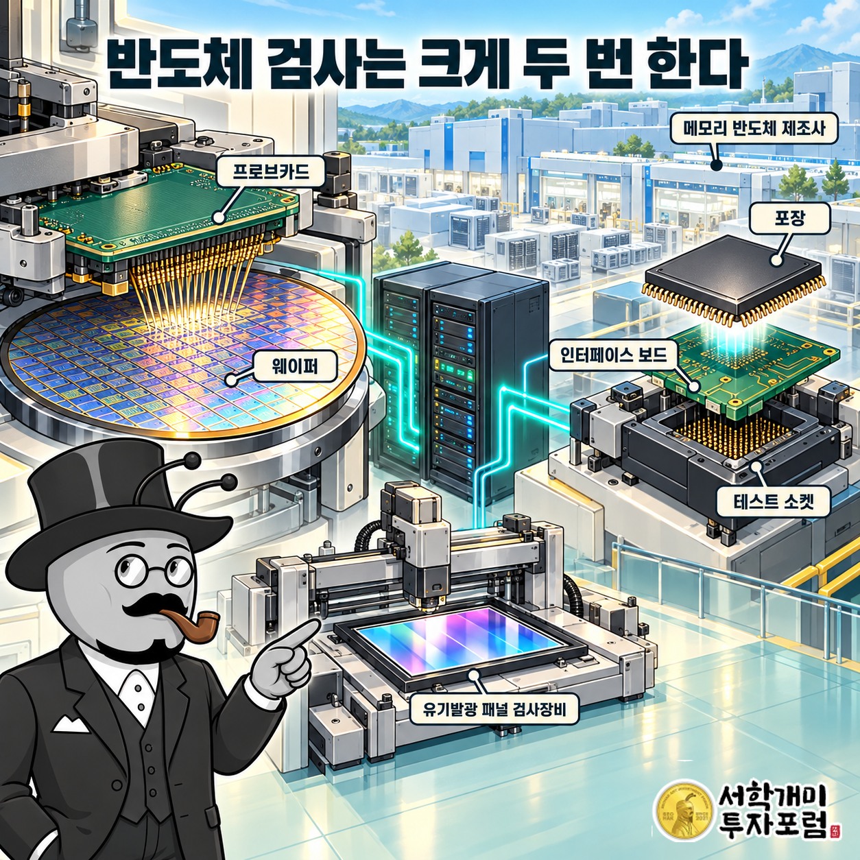 웨이퍼 시험에는 프로브카드, 포장 뒤 시험에는 인터페이스 보드와 테스트 소켓이 쓰이고 메모리 제조사가 이를 사 가는 티에스이의 사업 구조