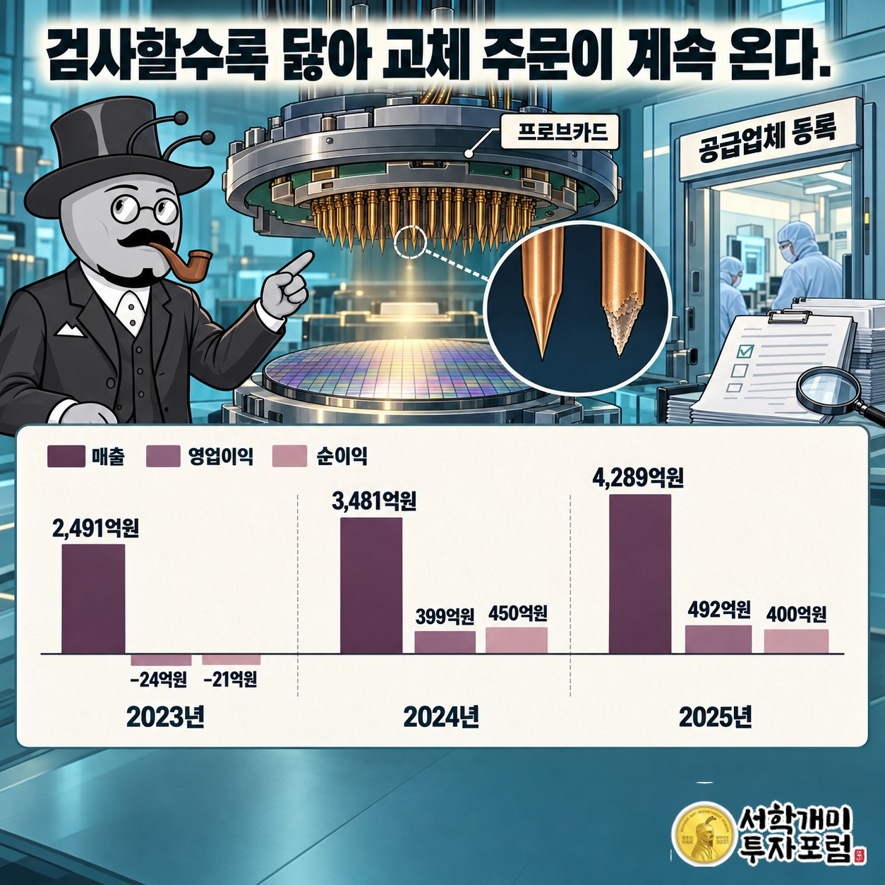 검사 횟수만큼 닳는 프로브카드와 공급업체 등록에 1~2년이 걸리는 진입 문턱을 보여 주는 설명