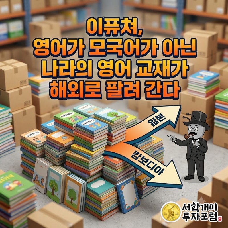 영어 교재 더미에서 일본과 캄보디아로 뻗은 수출 화살표가 담긴 이퓨쳐 표지