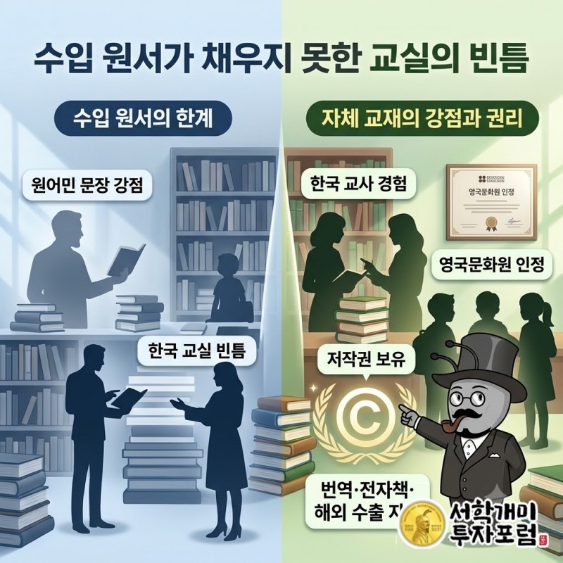 한국 교사 경험으로 직접 만든 영어 교재와 저작권 표시가 나란히 놓인 모습