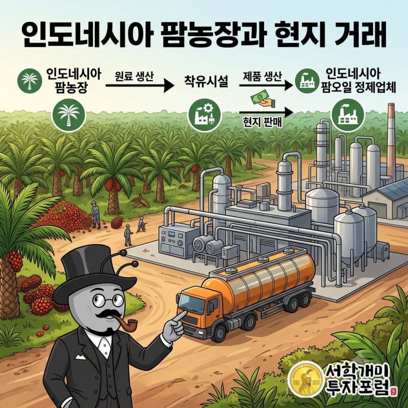 인도네시아 팜농장과 착유시설에서 생산한 제품을 현지 팜오일 정제업체에 판매하는 흐름